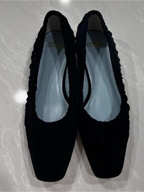 Frances Valentine Brittta Ruched Black Velvet Square Toe Flats Size 6B Classic